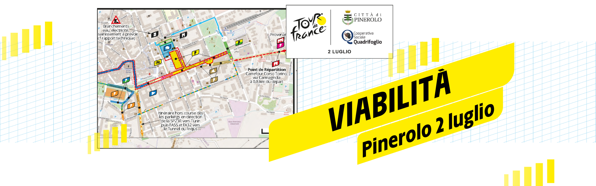 Viabilità modificata a Pinerolo per mappa Tour de France 2 luglio 2024